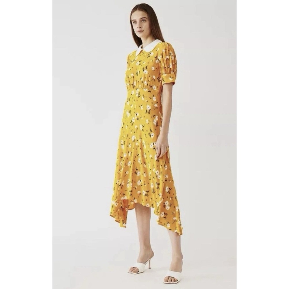 Cottage Core Ghost " Tiggy " Yellow‎ Floral Collar Midi Dress - Sz Small S